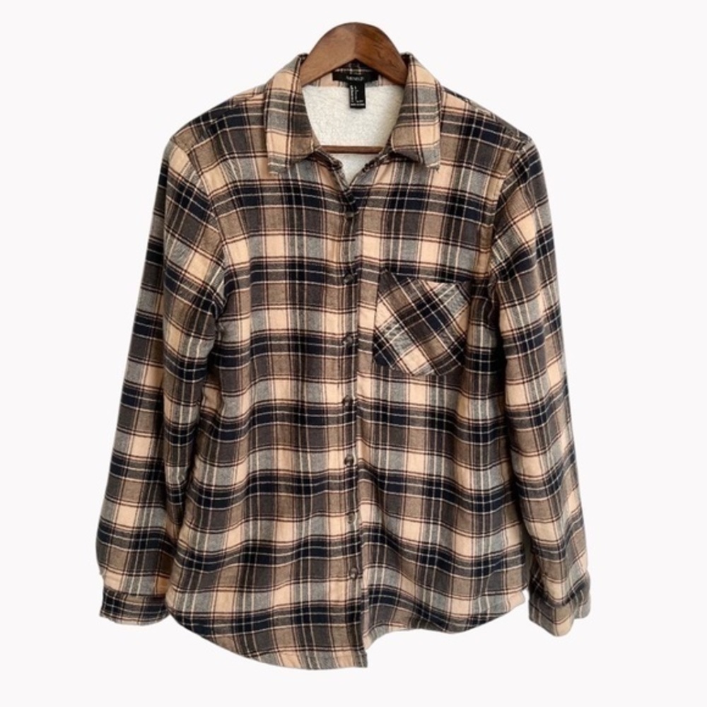 FOREVER 21 Lined Brown Plaid Shacket Button Down Shirt Size Large